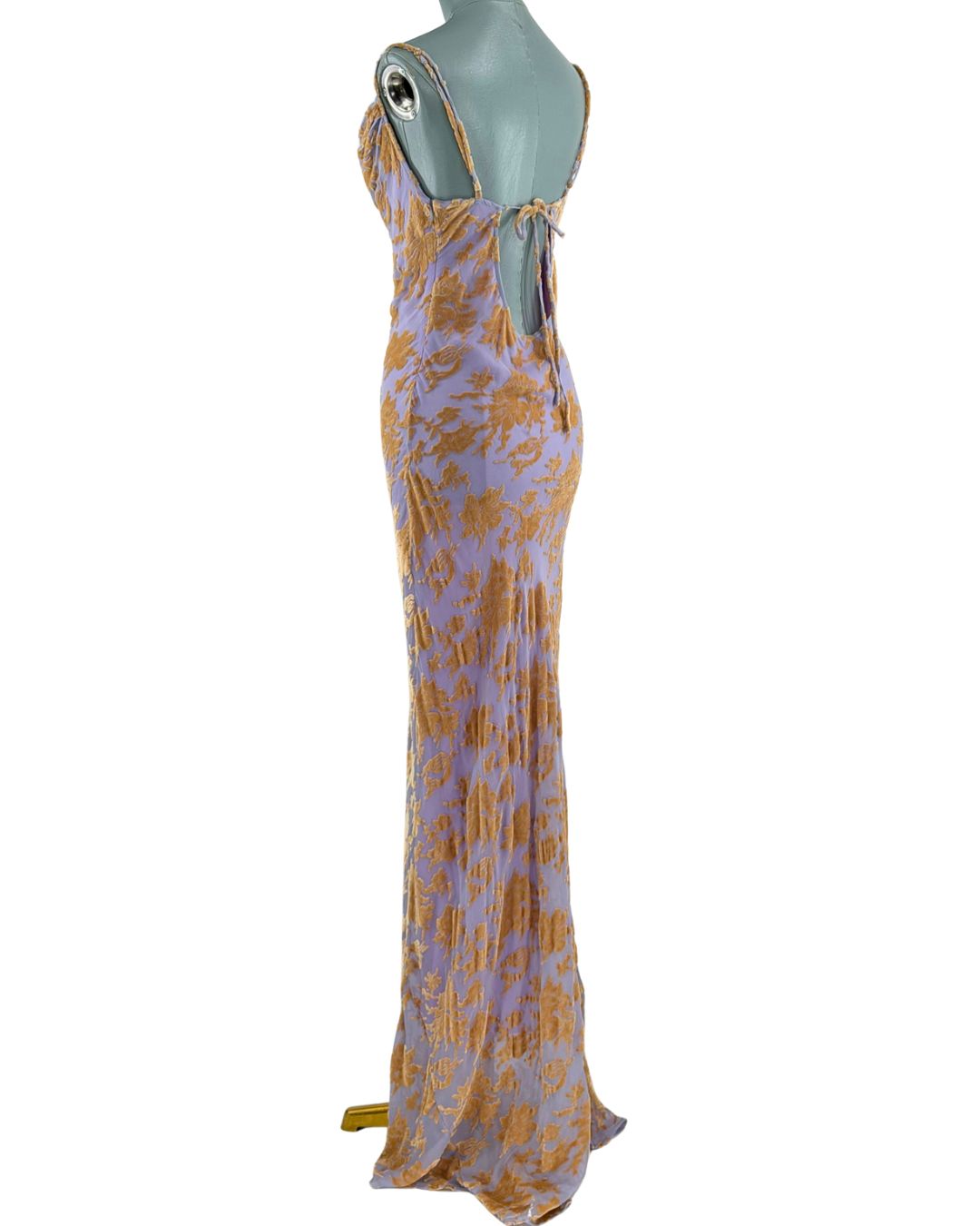 Keyhole tie-back detail on RAT & BOA Athena Devoré Velvet Maxi Dress