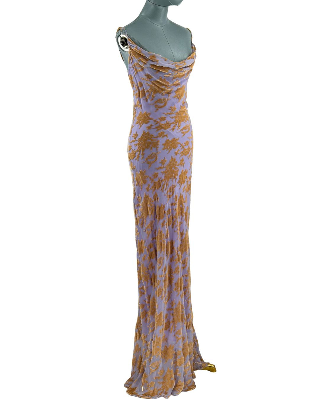 Side view of lilac RAT & BOA Athena Devoré Velvet Maxi Dress