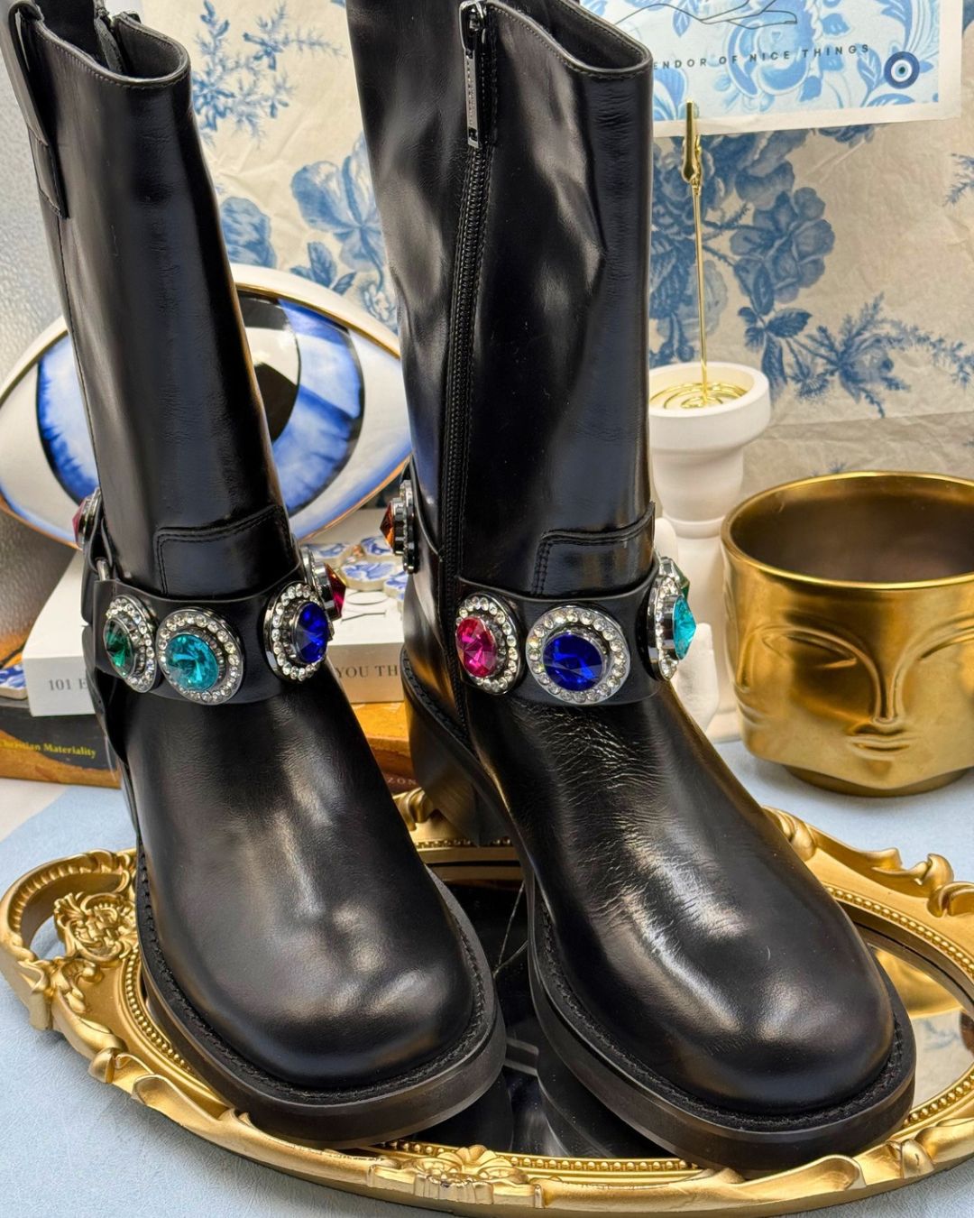 Multicoloured crystal ankle strap on KURT GEIGER LONDON Octavia Biker Boots