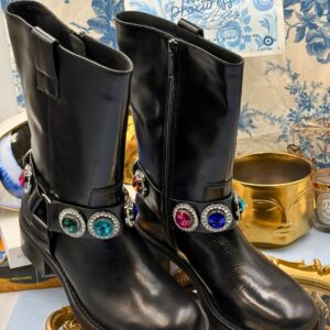 KURT GEIGER LONDON Octavia Crystal-Embellished Biker Boots in black leather, front view