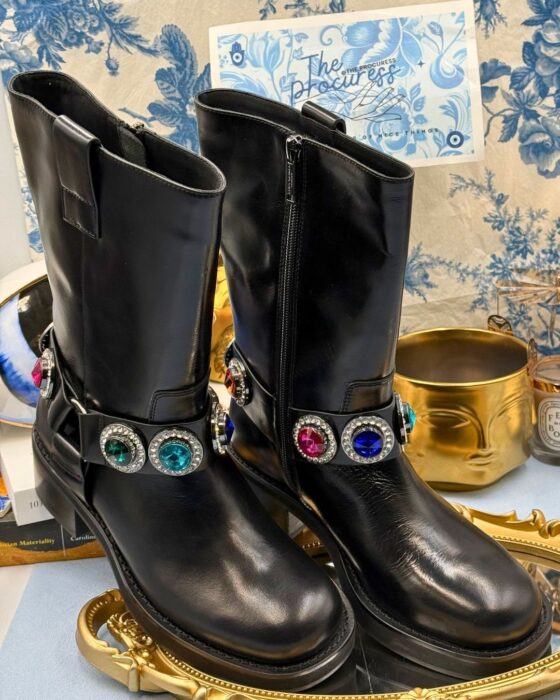KURT GEIGER LONDON Octavia Crystal-Embellished Biker Boots in black leather, front view