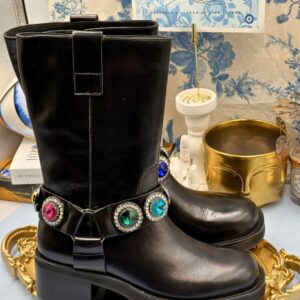 Side view of KURT GEIGER LONDON Octavia Crystal-Embellished Biker Boots