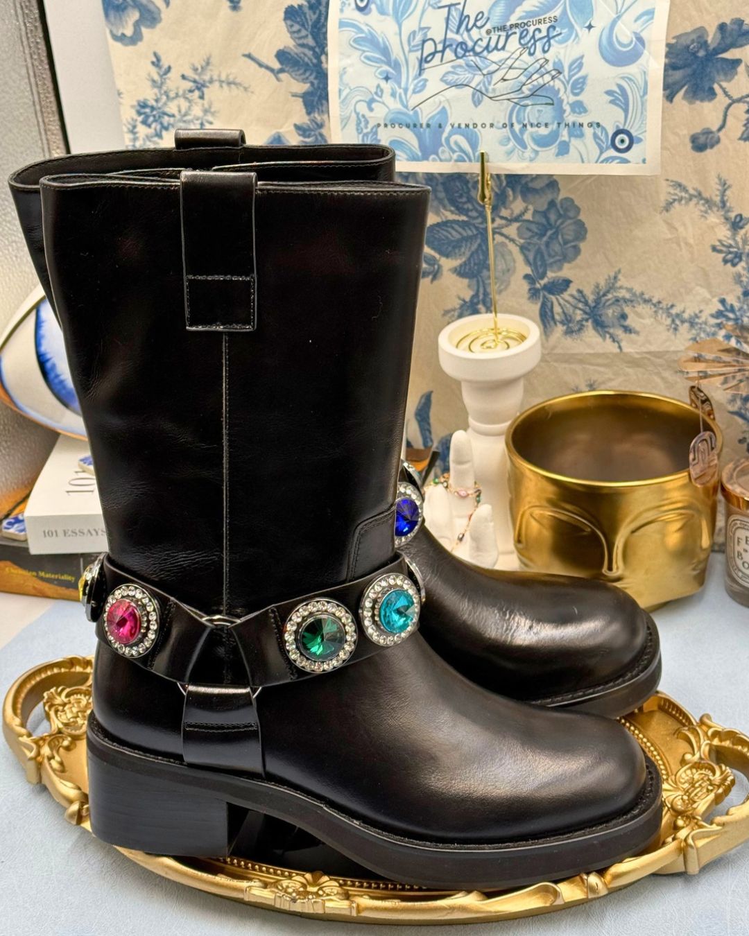 Side view of KURT GEIGER LONDON Octavia Crystal-Embellished Biker Boots