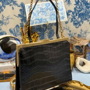 OROTON Icon Frame Croco Clutch in black crocodile-embossed leather, front view