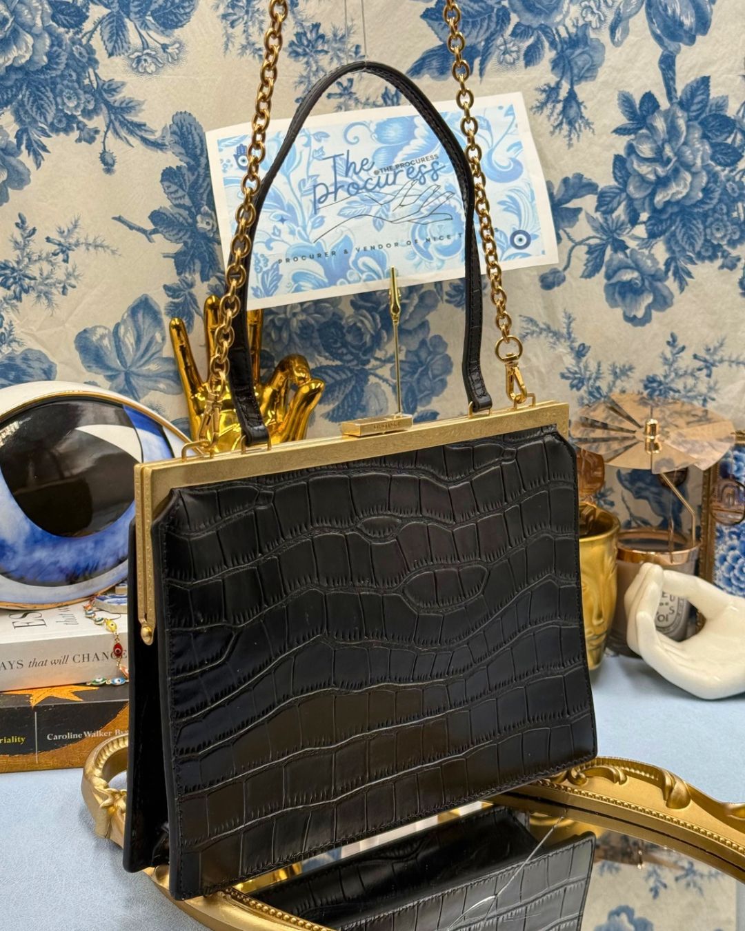 OROTON Icon Frame Croco Clutch in black crocodile-embossed leather, front view