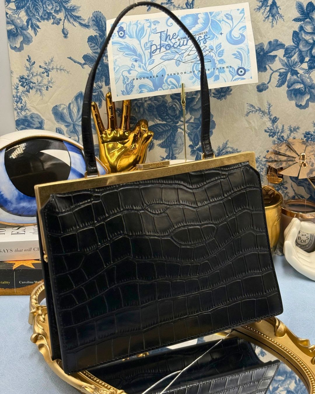 Short leather top handle on OROTON Icon Frame Croco Clutch