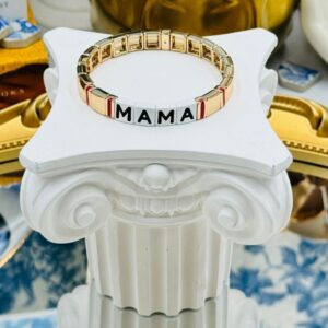 Gold stretch bracelet with enamelled MAMA lettering on ROXANNE ASSOULIN bracelet, bracelet 1 of 2