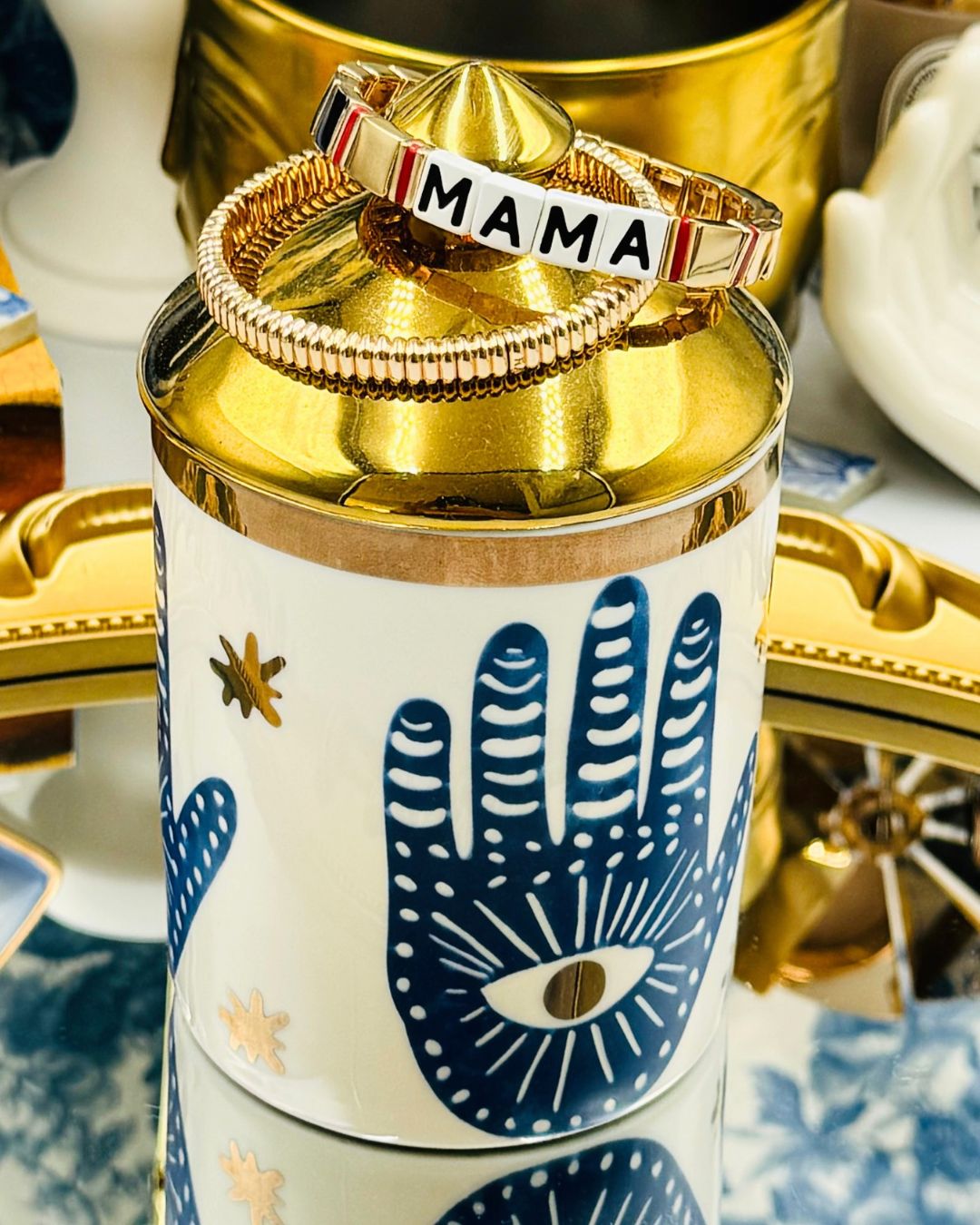 Hand-painted MAMA lettering on ROXANNE ASSOULIN bracelet