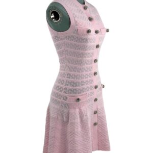 Angled view of pink SELF-PORTRAIT Pointelle Diamanté Knit Mini Dress