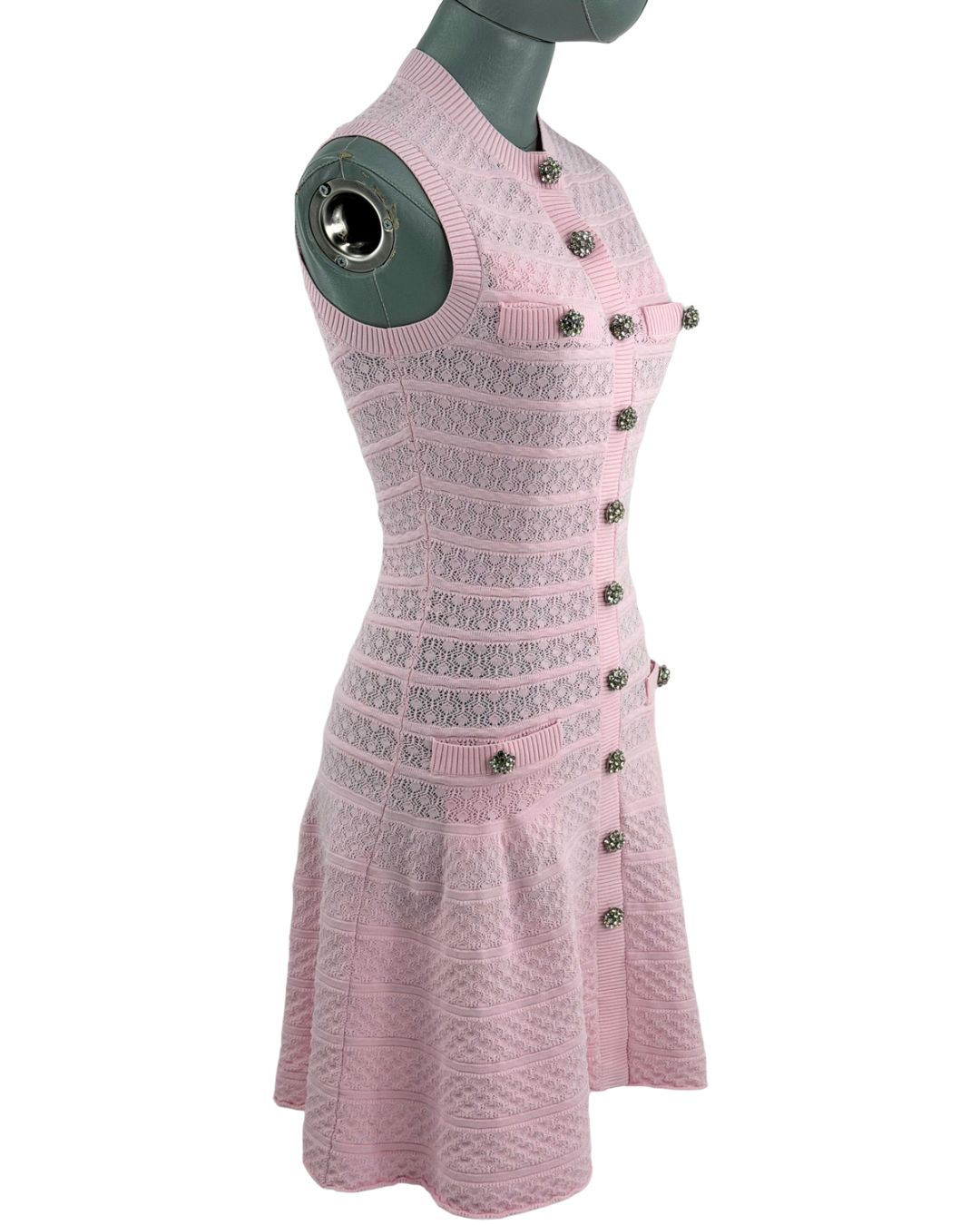 Angled view of pink SELF-PORTRAIT Pointelle Diamanté Knit Mini Dress