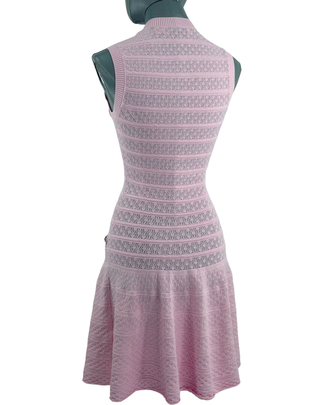 Back view of pink SELF-PORTRAIT Pointelle Diamanté Knit Mini Dress