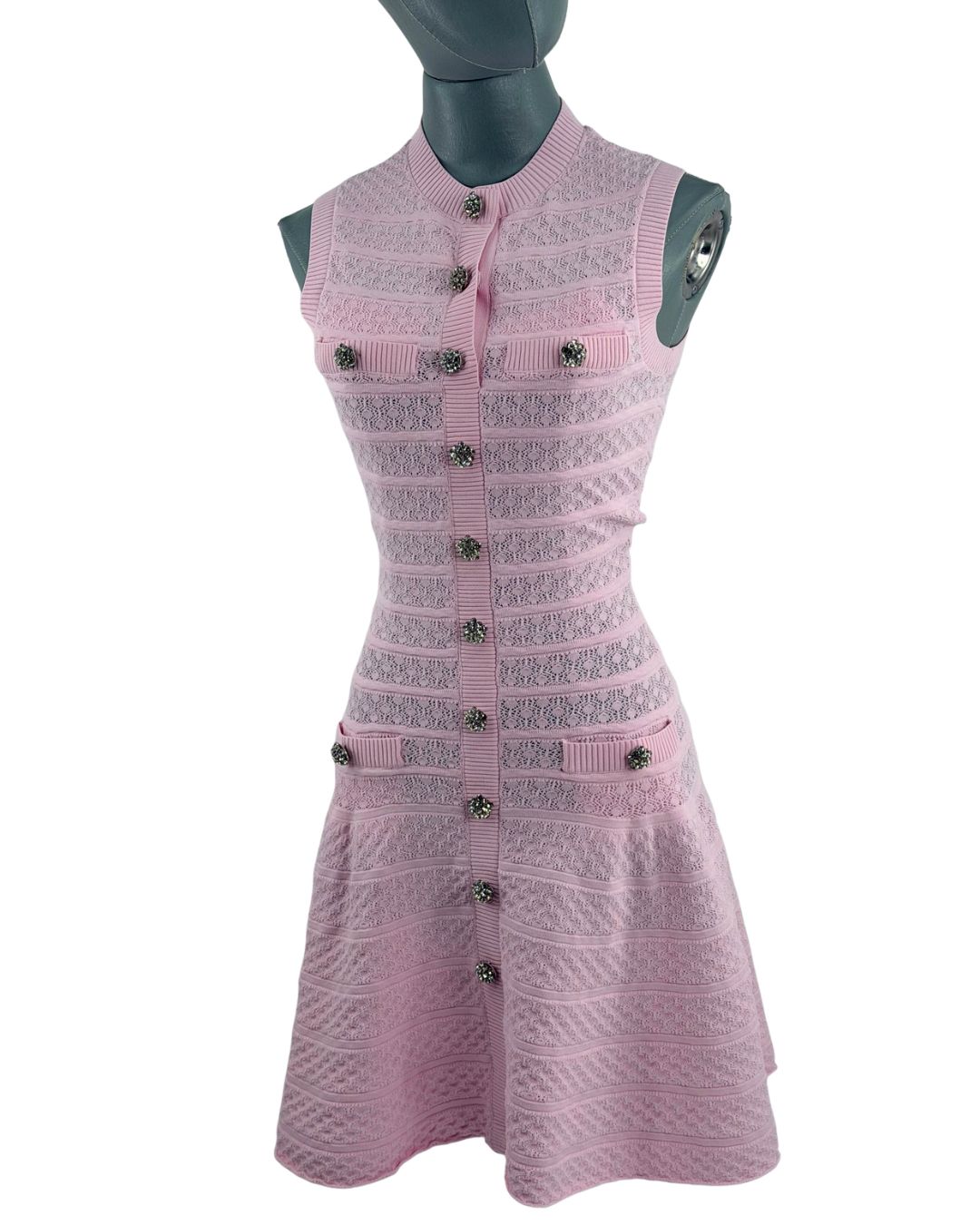 SELF-PORTRAIT Pointelle Diamanté Knit Mini Dress in pink, front view