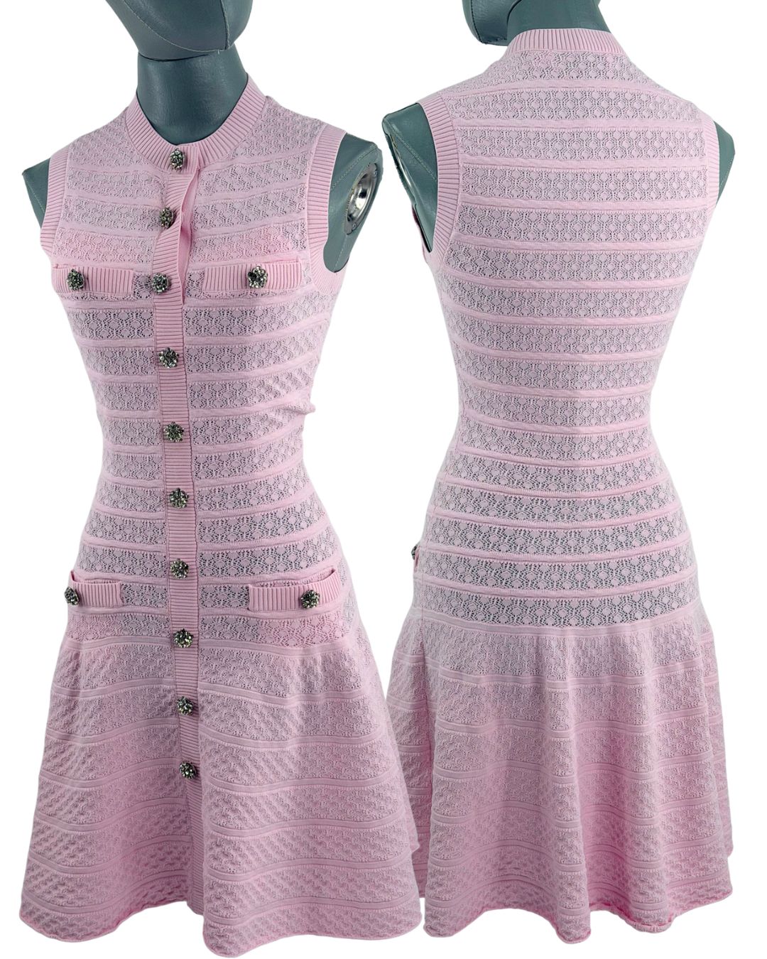 SELF-PORTRAIT Pointelle Diamanté Knit Mini Dress in pink, front view