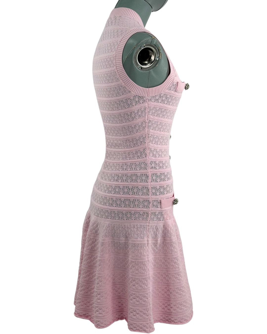 Side angled view of pink SELF-PORTRAIT Pointelle Diamanté Knit Mini Dress