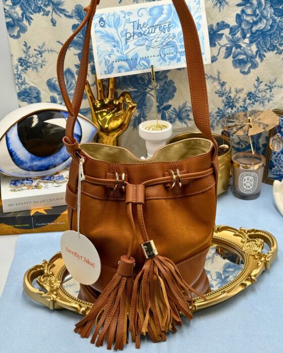 SEE BY CHLOÉ Vicki Bucket Bag in Caramello leather and suede, front view