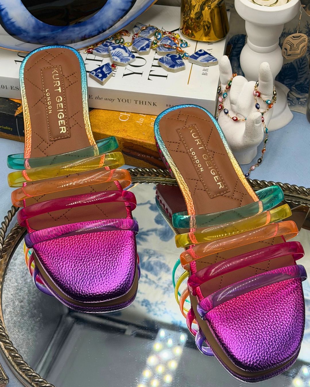 Top view of KURT GEIGER LONDON Maddison Jelly Sandal with rainbow straps