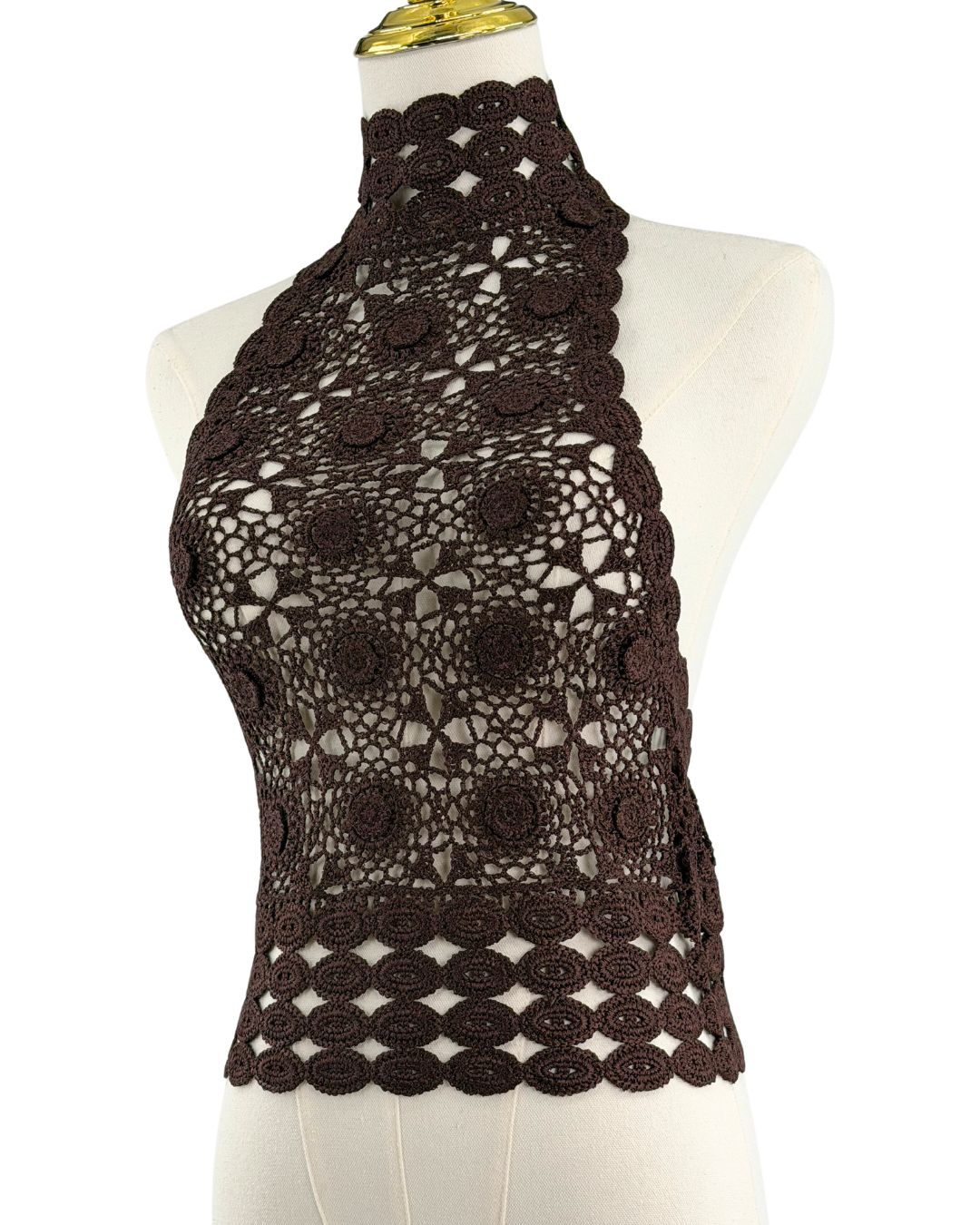 BEC + BRIDGE Ania Crochet Florette Halter Top in Dark Chocolate, front view