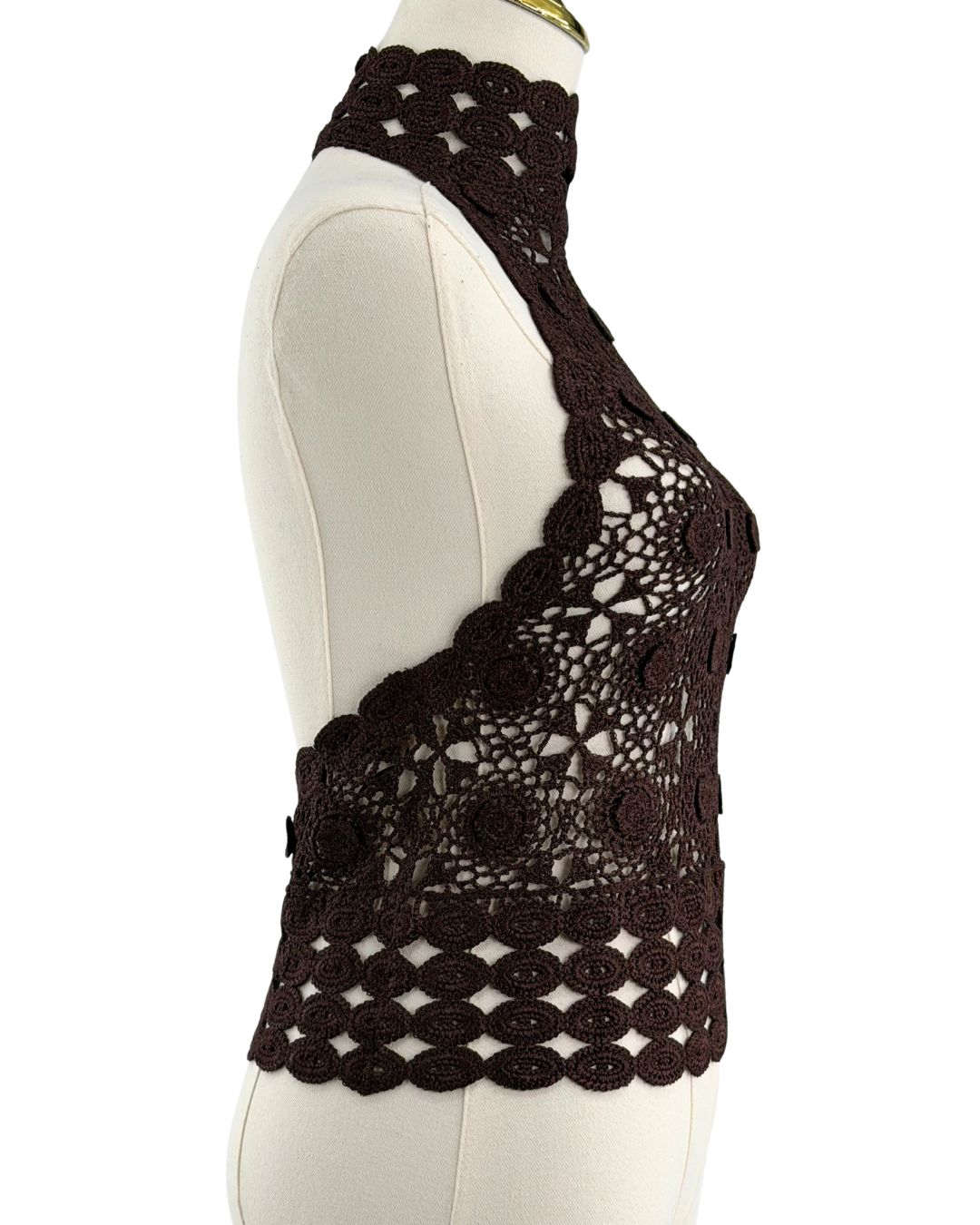 Side view of BEC + BRIDGE Ania Crochet Florette Halter Top showing open back