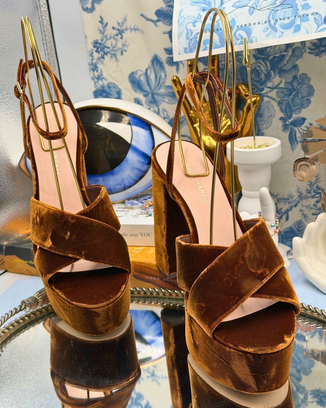 LOEFFLER RANDALL Loretta Velvet Platform Sandals in Dark Brown