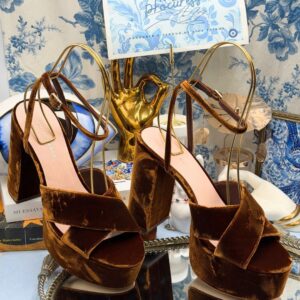 LOEFFLER RANDALL Loretta brown velvet platform sandals displayed in The Procuress' Salon