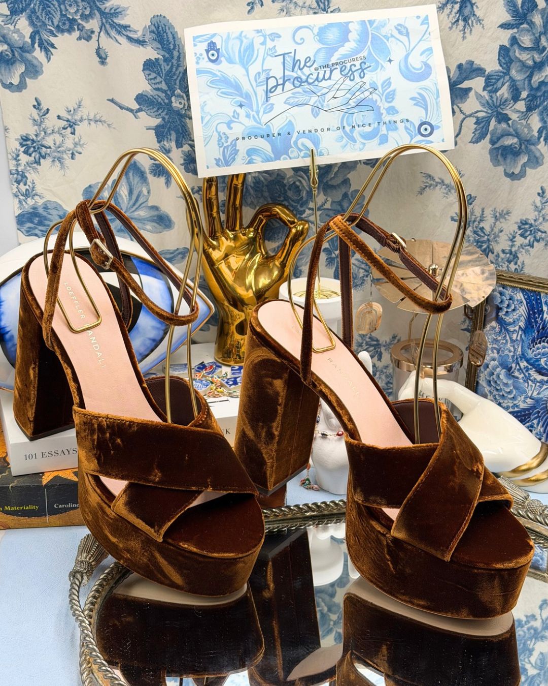 LOEFFLER RANDALL Loretta brown velvet platform sandals displayed in The Procuress' Salon