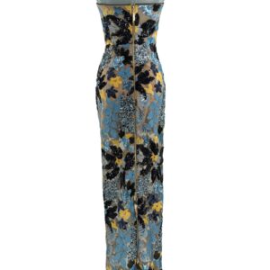 Back view of BRONX AND BANCO Dahlia Strapless Blue Yellow Multi Maxi Dress