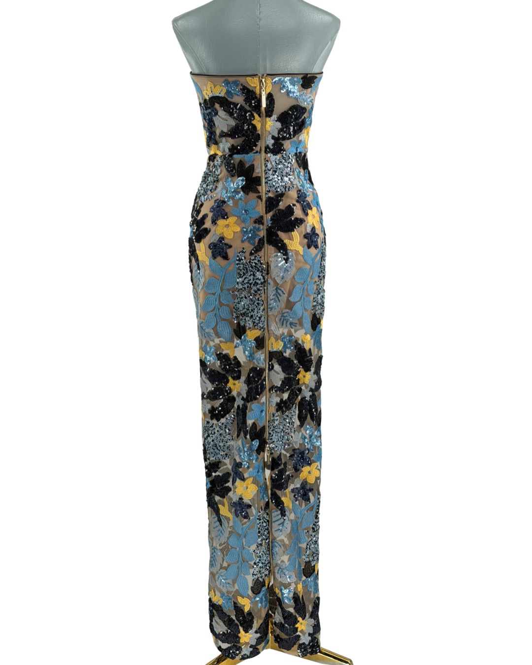 Back view of BRONX AND BANCO Dahlia Strapless Blue Yellow Multi Maxi Dress