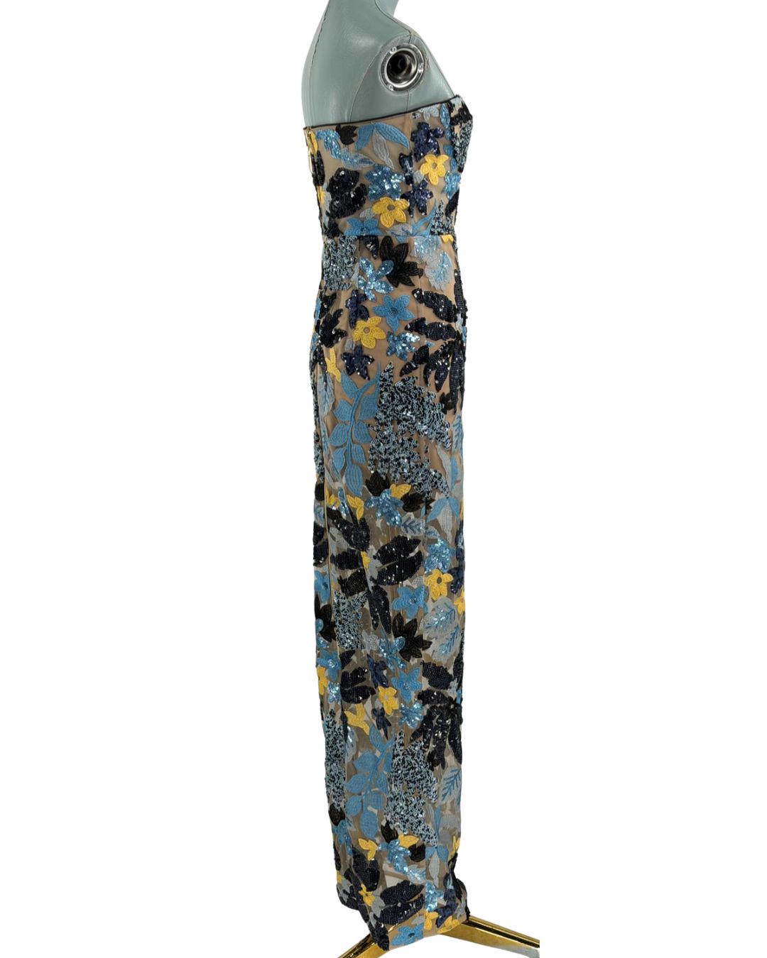 Blue yellow and white floral sequin embroidery on BRONX AND BANCO Dahlia Maxi Dress