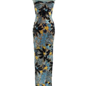 BRONX AND BANCO Dahlia Strapless Maxi Dress in Blue Yellow Multi, front view