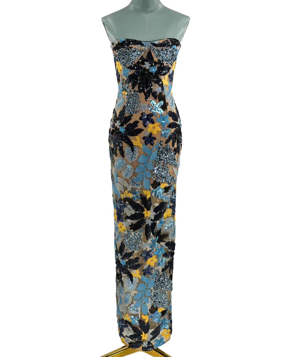 BRONX AND BANCO Dahlia Strapless Maxi Dress in Blue Yellow Multi, front view
