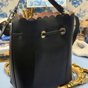 Back view of FURLA Constanza Black Laser-Cut Leather Bucket Bag