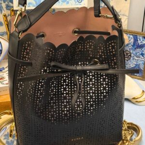 FURLA Constanza Laser-Cut Leather Bucket Bag in Black, front view