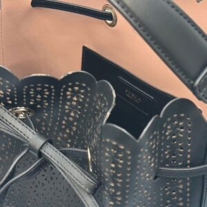 Interior View, with Minor trim wear on FURLA Constanza Black Laser-Cut Leather Bucket Bag