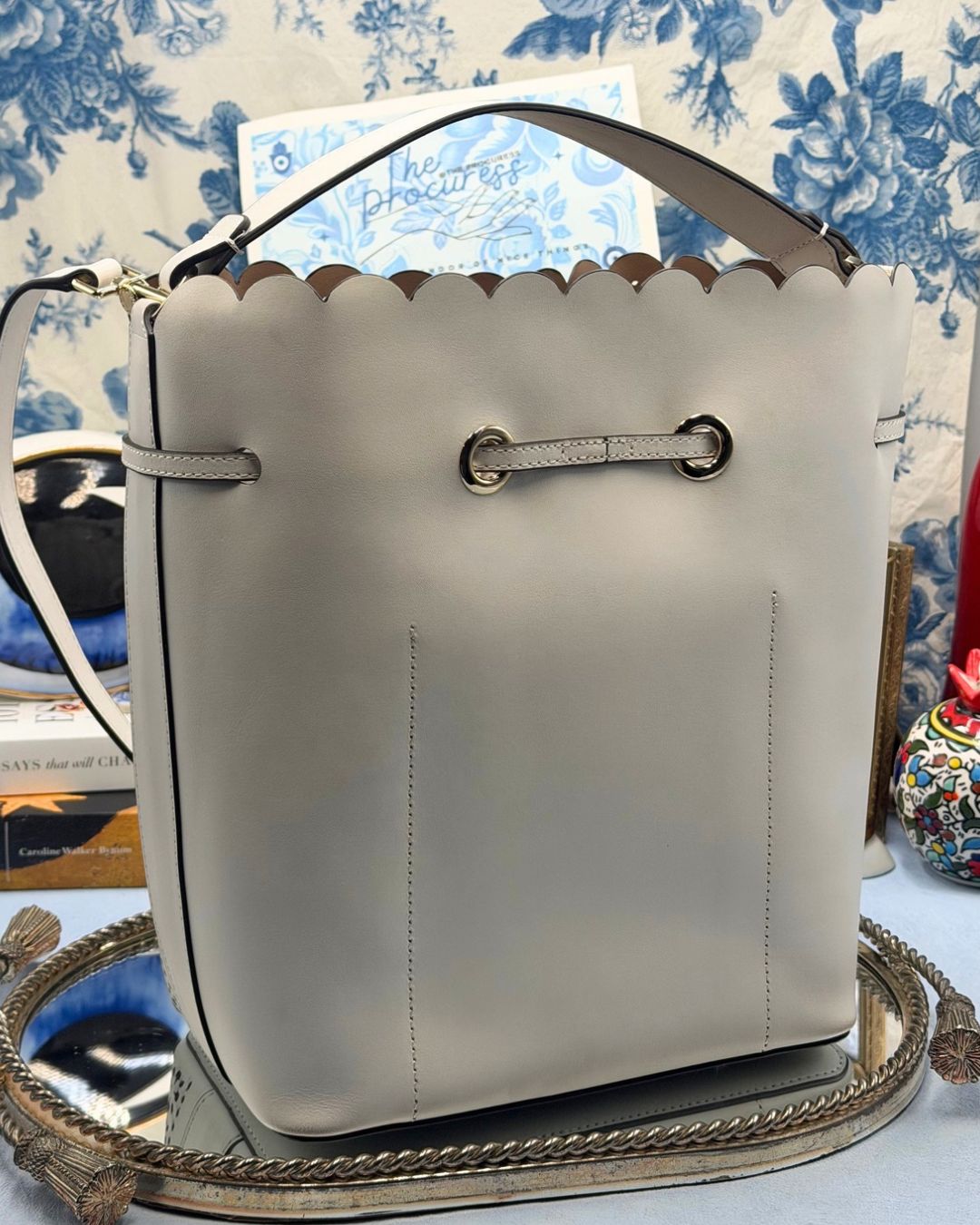 Back view of FURLA Constanza Chalk Laser-Cut Leather Bucket Bag