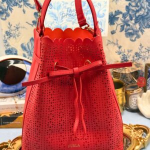 FURLA Constanza Laser-Cut Leather Bucket Bag in Red, front view