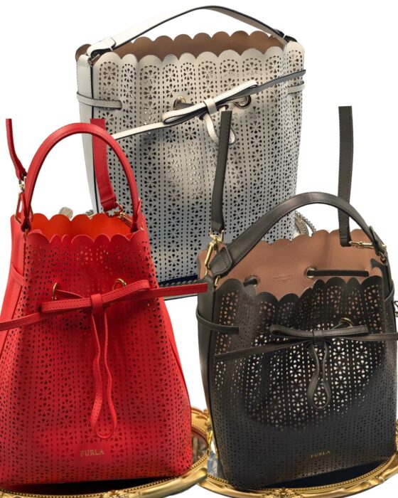 FURLA Constanza Laser-Cut Leather Bucket Bags in Black, Chalk and Red
