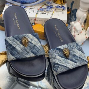 KURT GEIGER LONDON Meena Eagle Pool Slides in Blue Denim