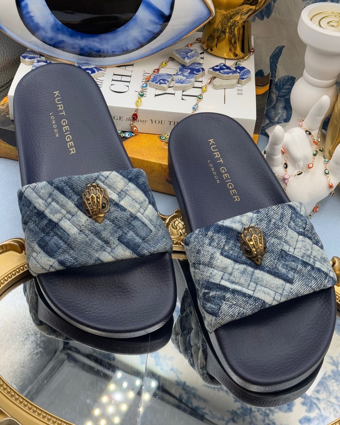 KURT GEIGER LONDON Meena Eagle Pool Slides in Blue Denim