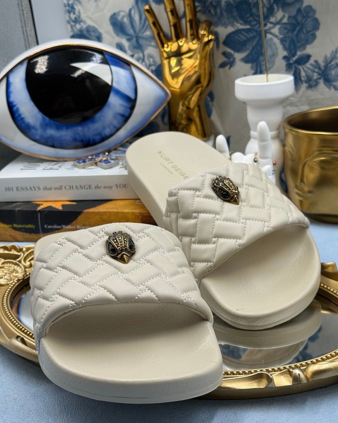 KURT GEIGER LONDON Meena Eagle Quilted Pool Slides in Bone