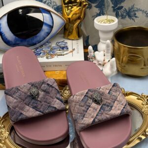 KURT GEIGER LONDON Meena Eagle Pool Slides in Pink Bleach Denim