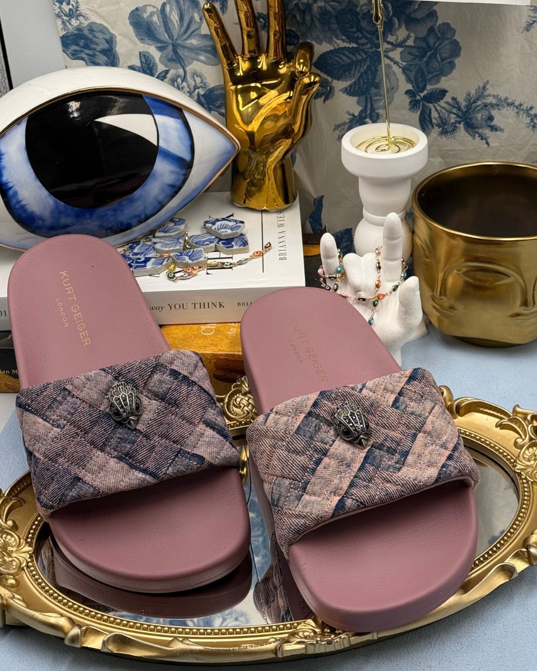 KURT GEIGER LONDON Meena Eagle Pool Slides in Pink Bleach Denim