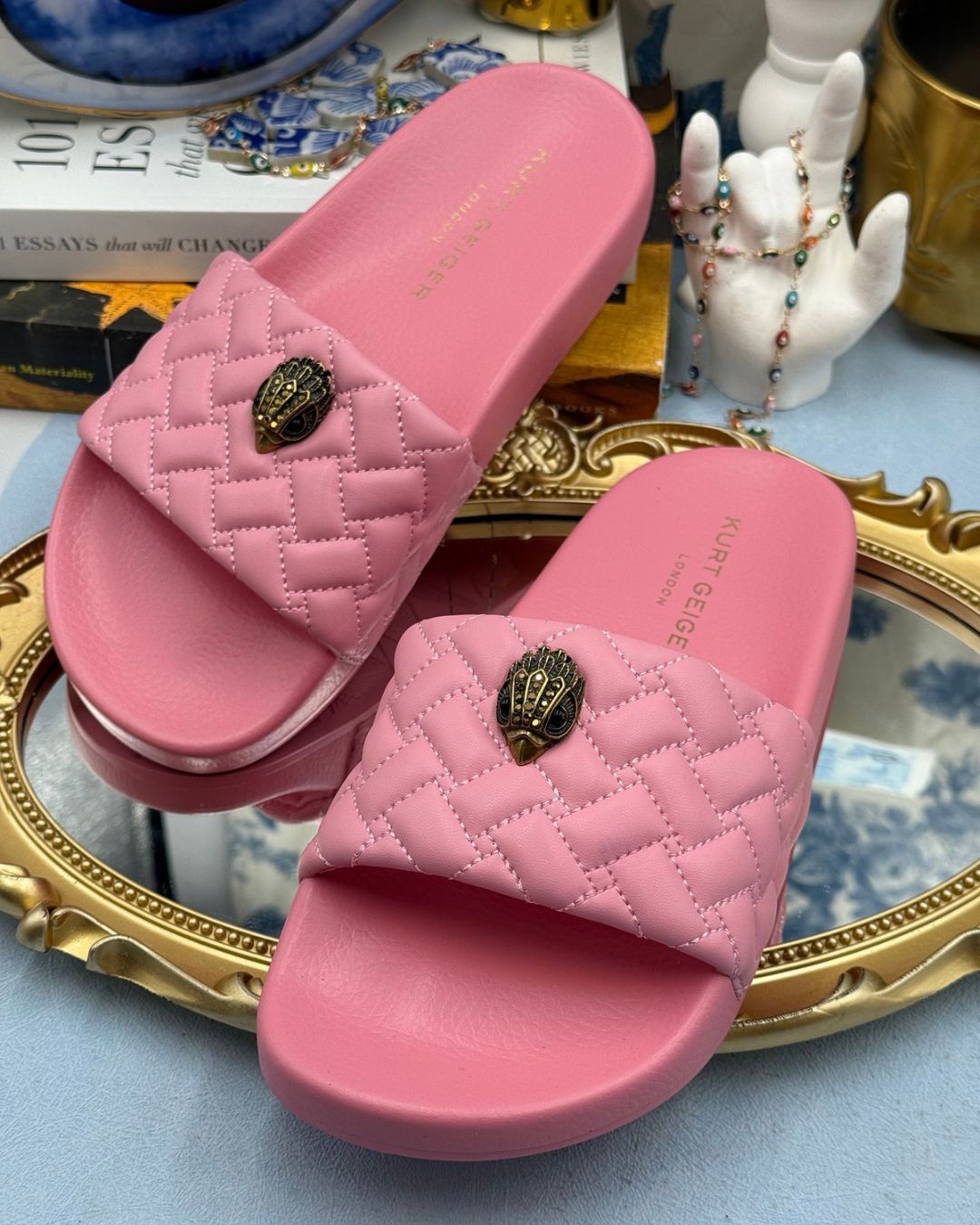 KURT GEIGER LONDON Meena Eagle Quilted Pool Slides in Pink