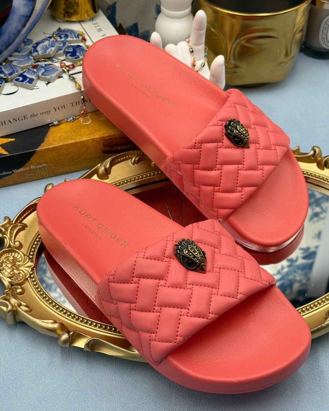 KURT GEIGER LONDON Meena Eagle Quilted Pool Slides in Salmon