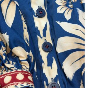Logo button detail of FARM RIO Blue Luna Mini Dress