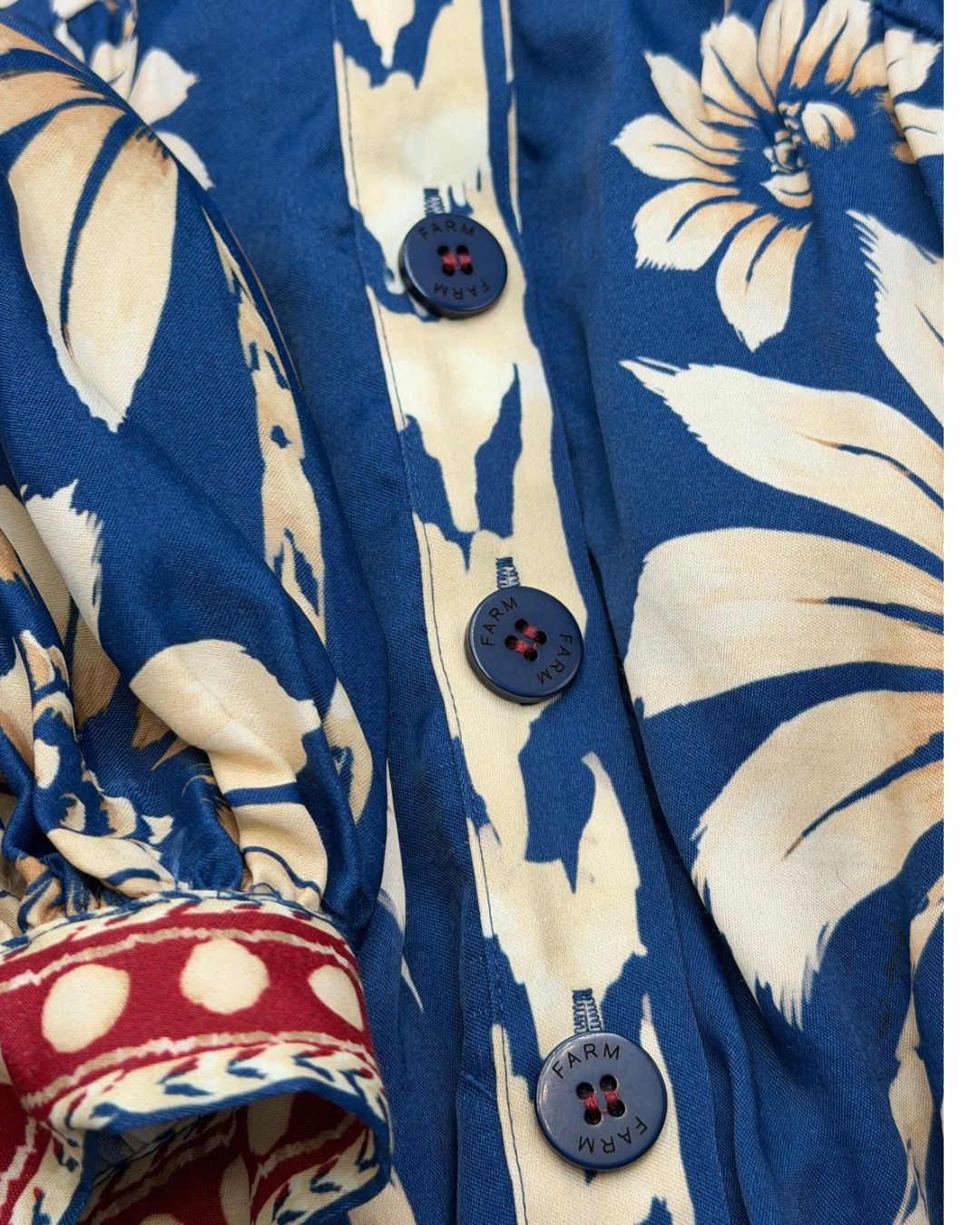 Logo button detail of FARM RIO Blue Luna Mini Dress