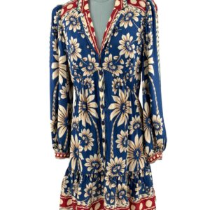 FARM RIO Blue Luna floral long sleeve mini dress, front view