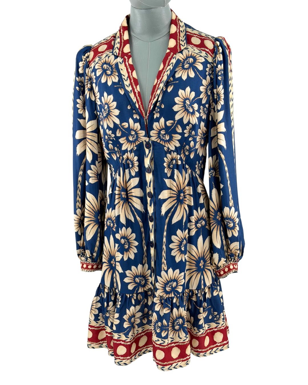 FARM RIO Blue Luna floral long sleeve mini dress, front view