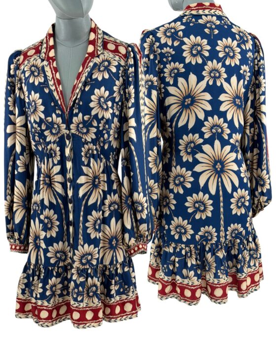 FARM RIO Blue Luna floral long sleeve mini dress, front view
