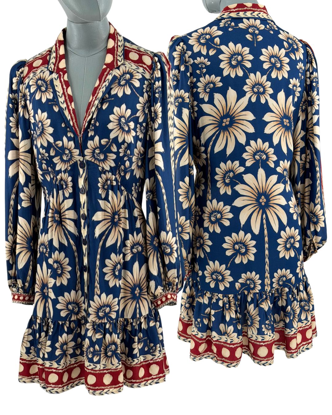 FARM RIO Blue Luna floral long sleeve mini dress, front view