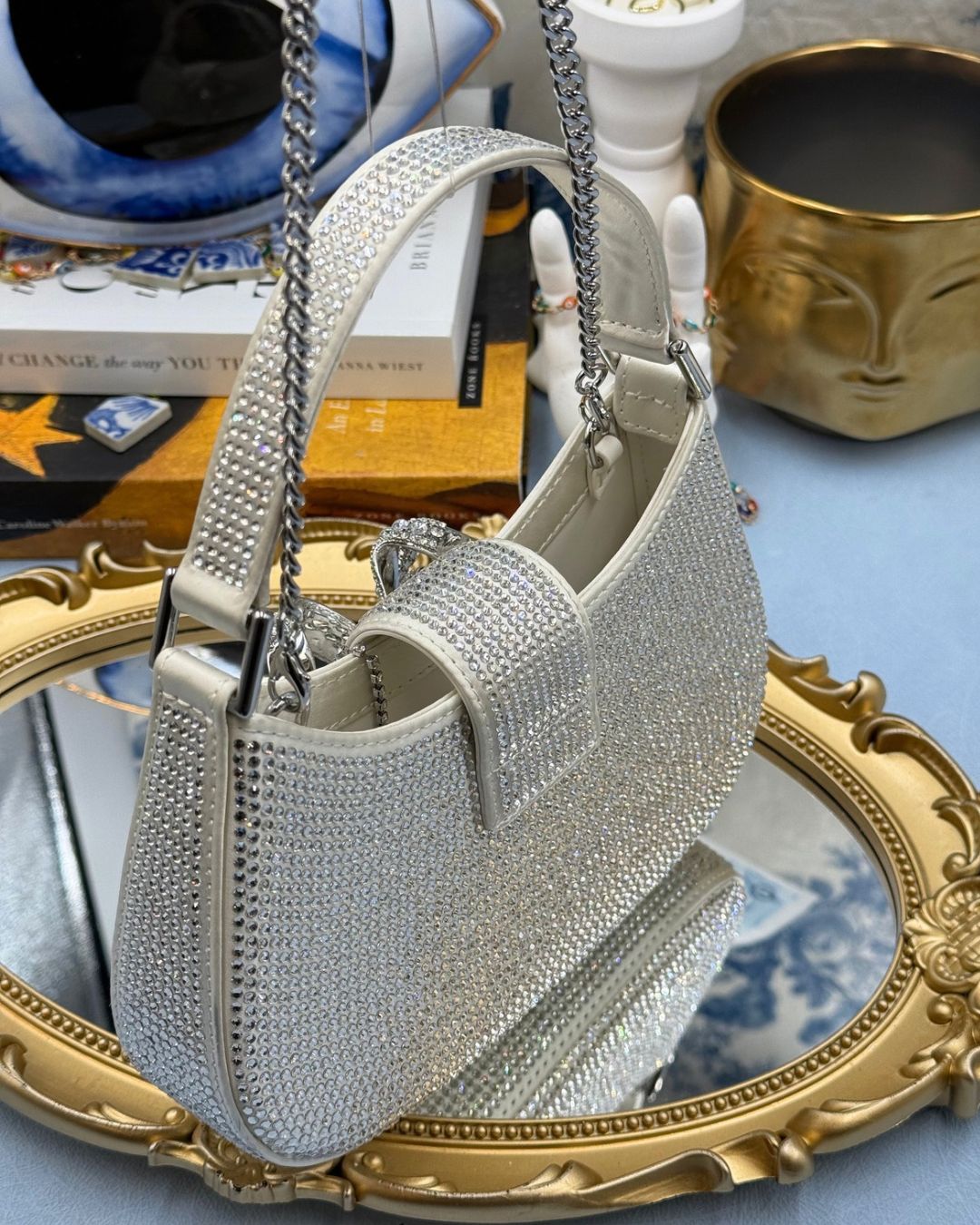 Back of SELF-PORTRAIT Micro Crystal-Embellished Crescent Bow Bag